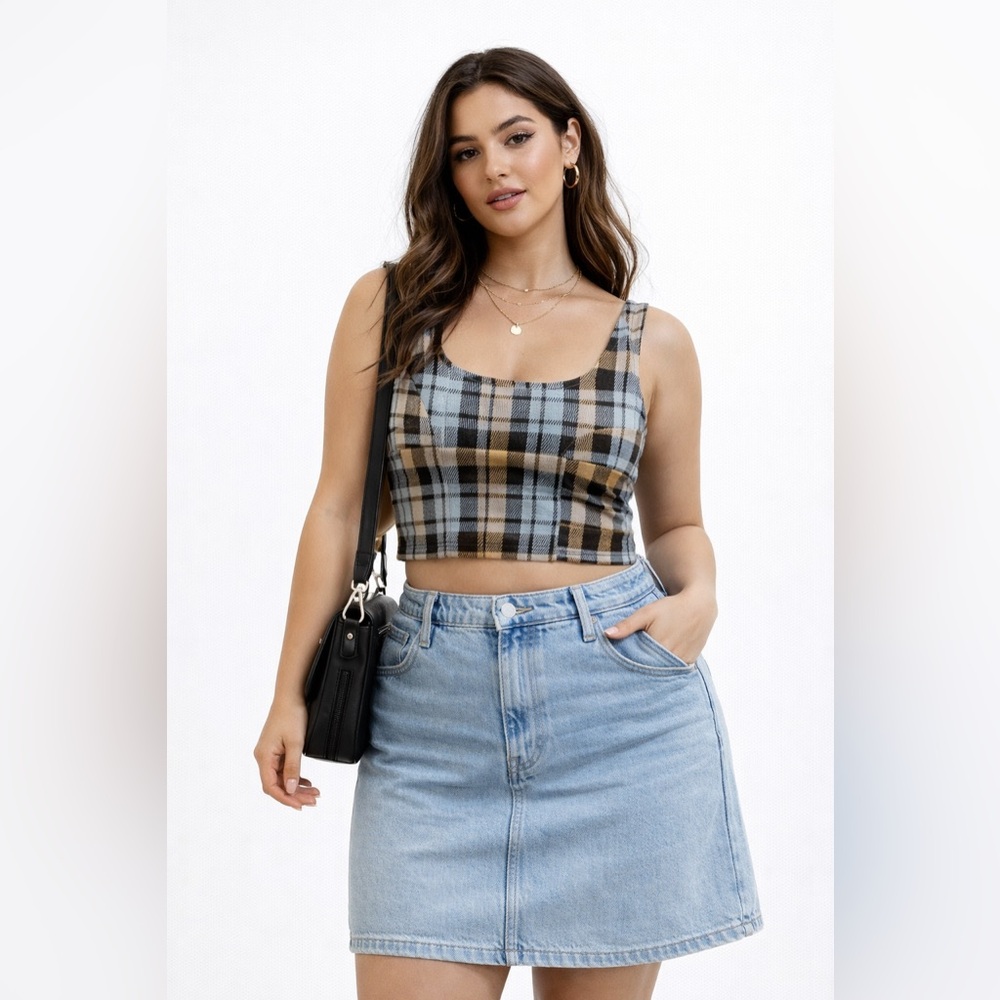 Altar'd State Plaid Crop Top Gingham- Black, Blue, Tan NWT